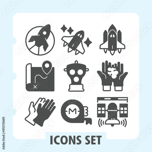 Rocket, map, hands modern icons set depicting space, awards, charts and gestures items in solid style for web apps and print on white background. Vector graphics. Set of nine glyph icons.