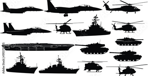 Military, vehicles, silhouette, set, featuring, fighter, jets, helicopters, navy, ships, aircraft, carriers, and, army, tanks, for, defense, and, combat, design