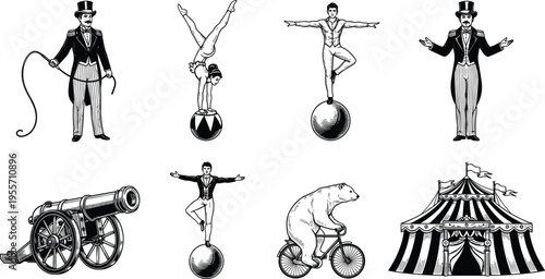Vintage, circus, set, with, ringmaster, acrobat, bear, on, bicycle, cannon, and, tent, illustration, for, carnival, show, performance, entertainment, retro, design