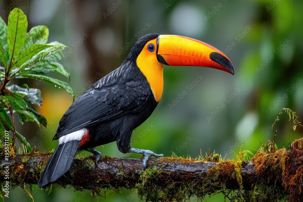 Obraz premium A striking Ramphastos sulfuratus, the keel-billed toucan, perched on a mossy branch, showcasing its vibrant yellow, orange, and black plumage against a lush green rainforest backdrop.