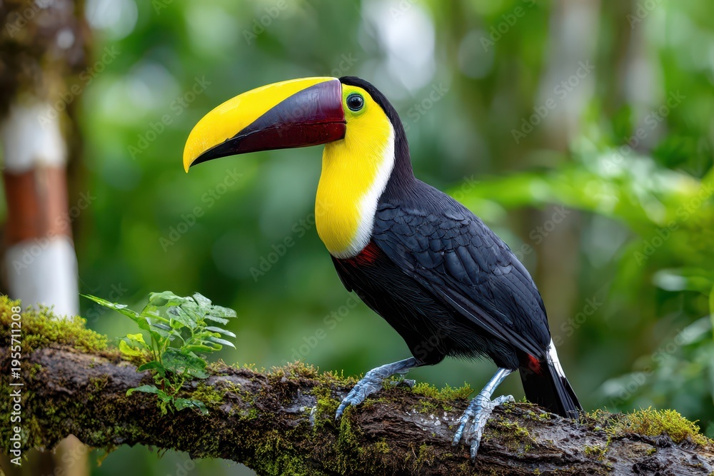 Fototapeta premium Portrait of a Yellow-throated Toucan perched on a mossy branch in a lush rainforest environment, exhibiting vibrant colors and intricate details of its plumage.