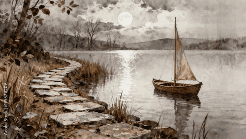 Night Path View Moonlit Lakeside Path isolated watercolor vector illustration svg