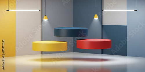Modern Geometric Podium Scene with Floating Platforms and Studio Lighting, Abstract Minimal Background for Product Display, Branding and Presentation Design