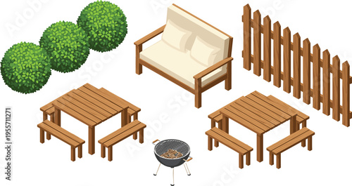 Isometric garden furniture set, wooden picnic tables, benches, outdoor sofa, barbecue grill, fence, green bushes, backyard patio design elements, isolated vector.