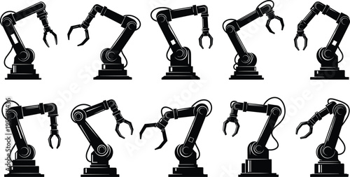 Industrial robotic arm silhouettes set, factory automation technology icons, mechanical manipulator claws, manufacturing engineering vector elements, isolated on white background.