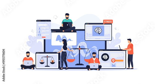 Work-Life Balance and Stress Management Concept. Flat vector illustration of employees using digital tools to balance productivity, wellness, and mental health.