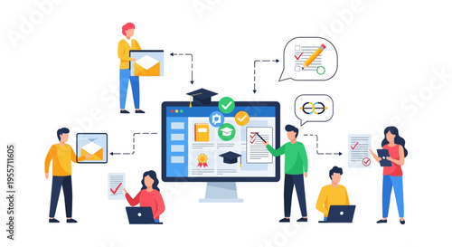 E-learning Platform Workflow Illustration: Students and Teachers Managing Online Courses, Assessments, and Digital Certification Process on a Screen.