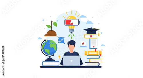 E-Learning and Knowledge Growth: Student Working Online with Laptop, Surrounded by Books, Idea Lightbulb, and Academic Success Symbols Flat Vector Illustration.