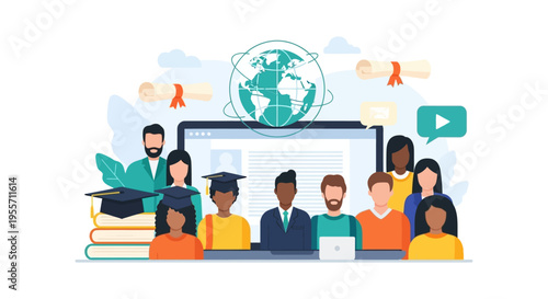 Diverse Students and Graduates on Global E-Learning Platform. Online University Education, Virtual Classroom, Digital Diploma, and Graduation Concept Illustration.