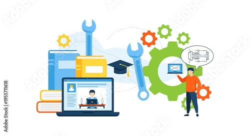 Online Engineering and Technical Training. Mechanic E-learning course, vocational education, digital skills development, repair knowledge, books, tools, and gears.