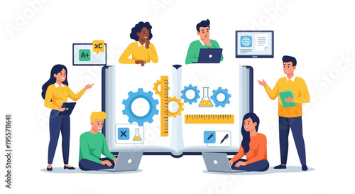 STEM Education and Collaborative Learning Concept. Diverse Students and Teachers Interacting with Knowledge Symbols in an Open Textbook.