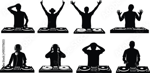 DJ silhouette set with turntable mixer, professional disc jockey performing, musical night club party icons, electronic dance music vector elements.