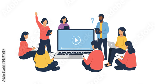 Diverse Group Study Around Laptop for E-Learning, Online Course, or Webinar Training.