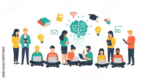 Global Team Brainstorming and Digital Collaboration. Education, Idea Sharing, and Knowledge Transfer Concept Illustration.