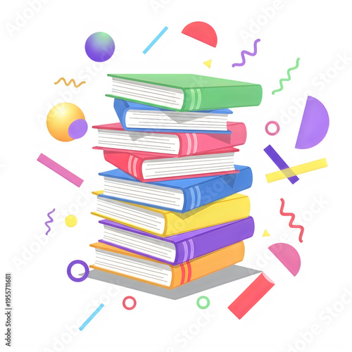 Colorful stack of books with shapes transparent background