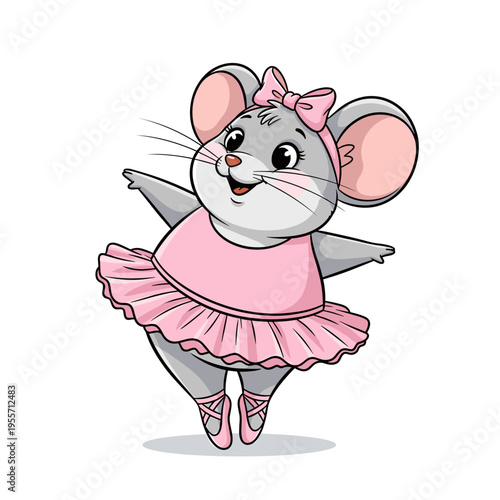 Cute mouse character in a pink tutu performing ballet dance
