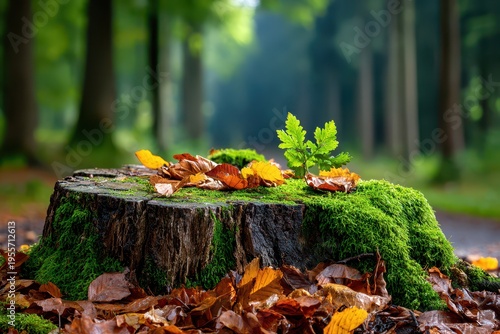 A peaceful forest scene featuring a moss-covered tree stump, with fallen leaves in autumnal colors, and a small sapling growing, conveying renewal and nature's beauty.