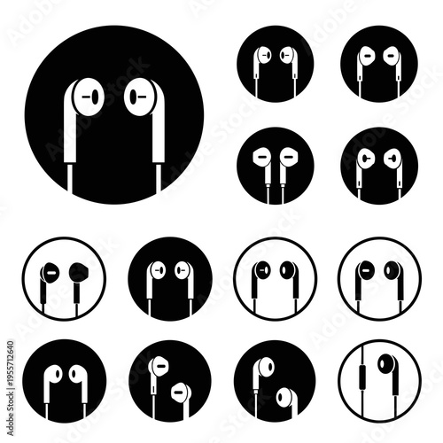 Circular black icons of various wired and wireless earphones