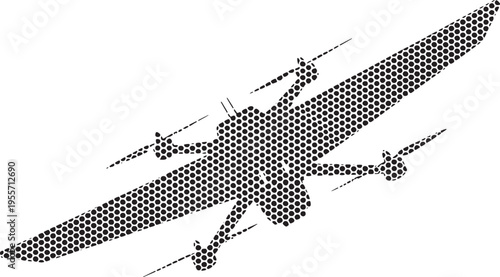 Airplane made of dots flying through the air  side view