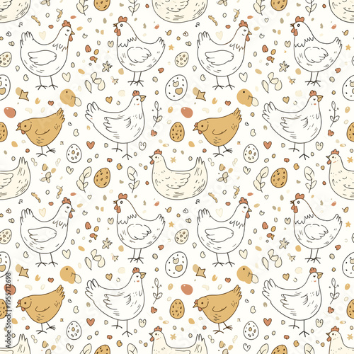Seamless pattern of chickens and eggs in rustic style