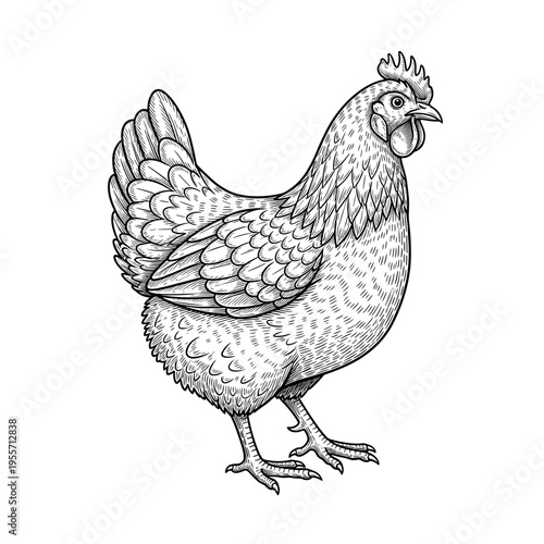 Detailed engraving style illustration of a standing hen