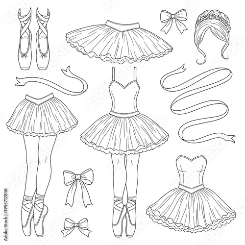 Set of ballet accessories including tutus pointe shoes and bows