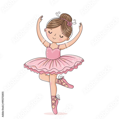 Cute little ballerina character in pink tutu performing ballet