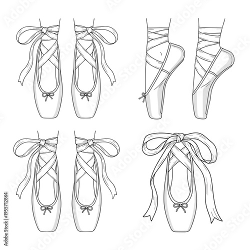 Different views of ballet pointe shoes sketches