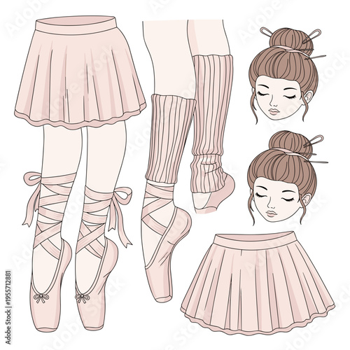 Ballet costume set including pointe shoes skirts and hairstyles