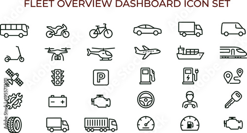 Fleet overview dashboard transport icon set with multimodal vehicles tracking maintenance symbols in clean outline style for logistics interfaces