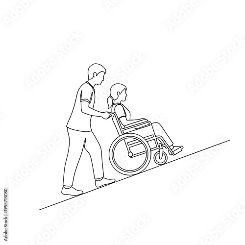 Line art of a person helping a wheelchair user up a ramp