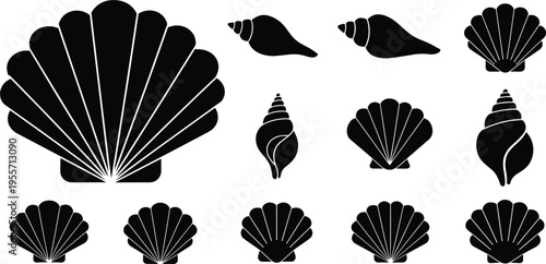 Seashell Silhouette Vector Set with Scallop and Spiral Shell Shapes, Minimal Black Icons for Beach, Ocean and Coastal Design Projects