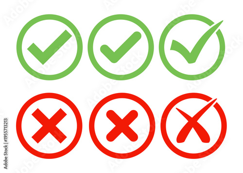Green Checkmark and Red Cross Icon Set. Checkmark symbols for approval and disapproval for validation, confirmation, and checklists. Vector illustration.