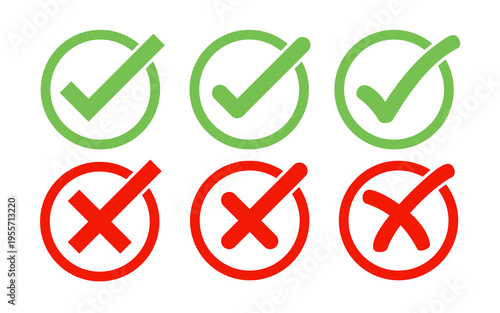 Green Checkmark and Red Cross Icon Set. Checkmark symbols for approval and disapproval for validation, confirmation, and checklists. Vector illustration.
