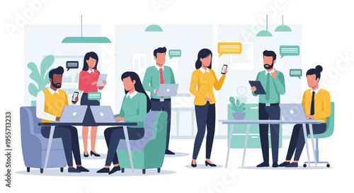 Diverse group of professionals collaborating and working together in a modern office environment.