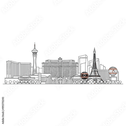 Simple thin line sketch of Las Vegas buildings and attractions