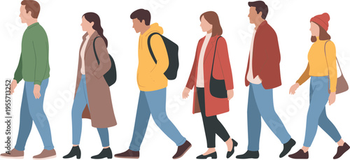 Flat vector illustration of a diverse group of young people walking away together wearing stylish autumn outfits and backpacks isolated on white background