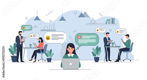 Illustration of people communicating and working in a modern office environment with chat bubbles and technology.