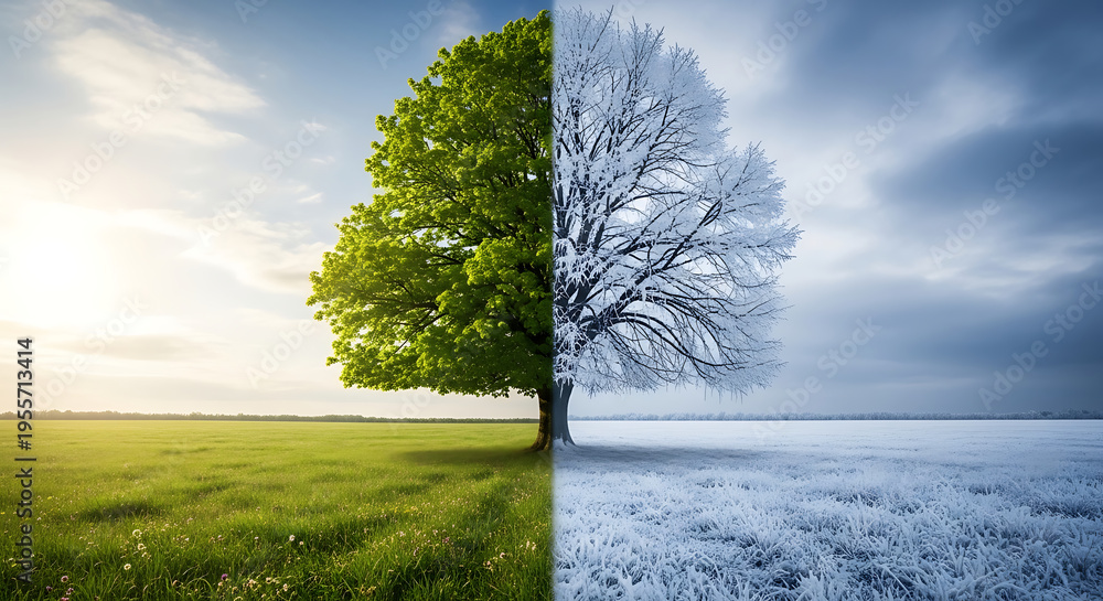 Obraz premium Symmetry of seasons with green oak tree transition into white frosted winter landscape at daybreak