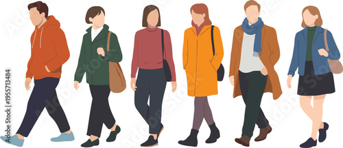 Diverse group of young people walking together in stylish autumn outfits with coats jackets and scarves flat vector illustration isolated on white background