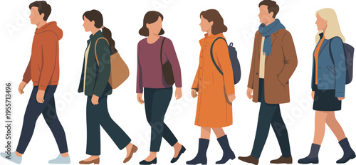 Flat vector illustration of diverse group of young people walking together in autumn outfits wearing coats jackets and backpacks isolated on white background