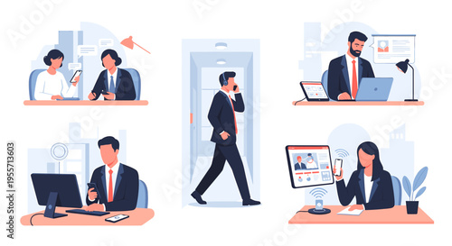 Business professionals engaged in various work-related activities, including meetings, phone calls, and video conferences.