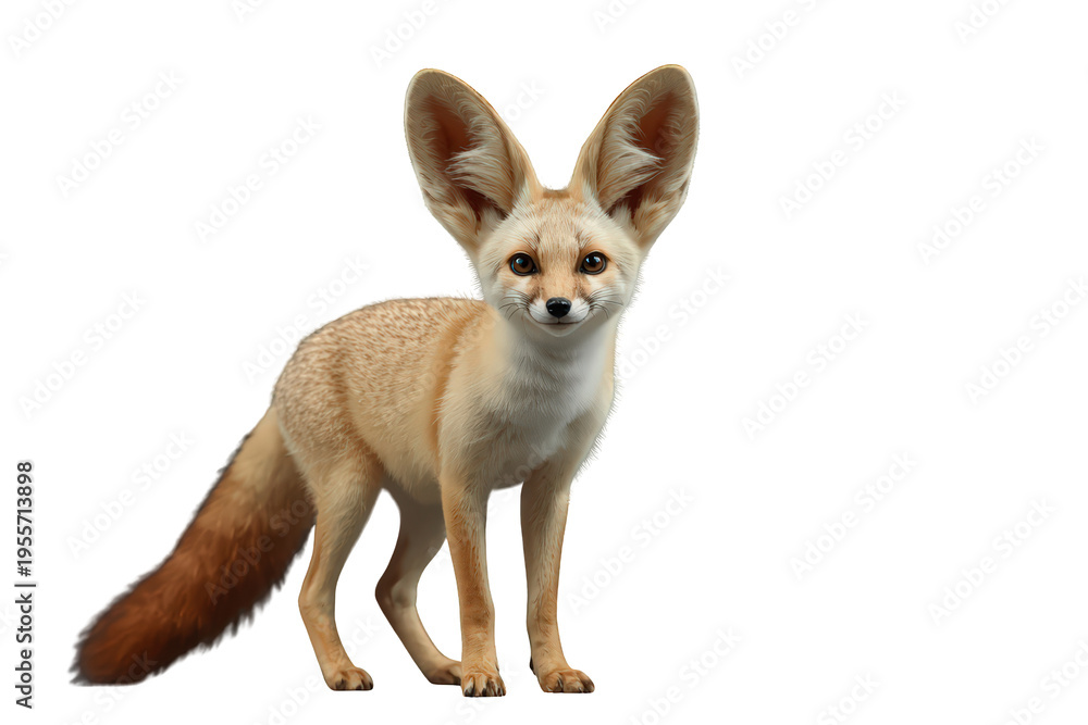 Fototapeta premium Fennec fox small desert canid standing, looking forward with large ears, transparent background