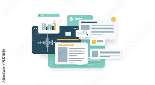 Digital Content Strategy, Data Analysis and Information Management Workflow. SEO, Research, and Multimedia Dashboard Interface Vector Illustration.