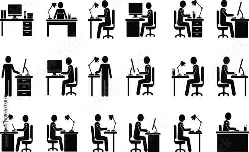 Black and white office worker silhouettes at desks with computers and lamps office workers