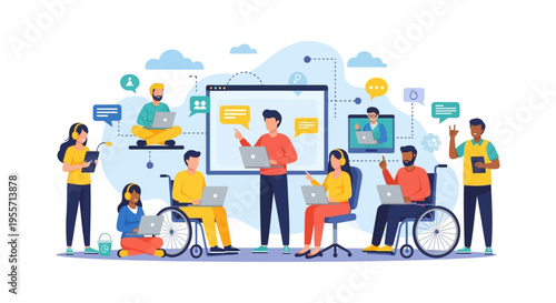 Diverse Team Collaboration and Inclusion in Digital Workspace. Remote Work, Accessible Online Meeting, and E-learning Concept Vector Illustration.