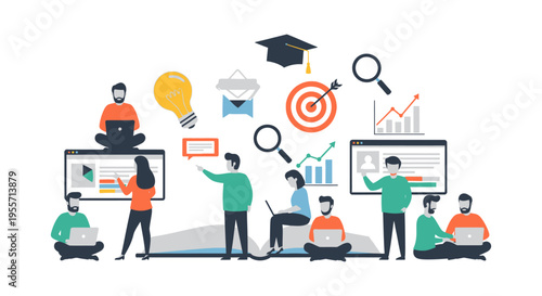 Digital E-Learning and Business Teamwork Illustration. Flat vector concept of people studying, collaborating on laptops, analyzing data, and brainstorming ideas.