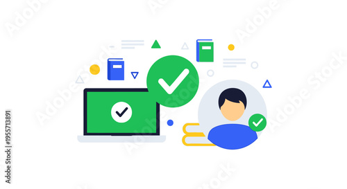 E-learning Success Vector: Online Course Completion, User Profile Verification, and Digital Certification Checkmark Illustration.