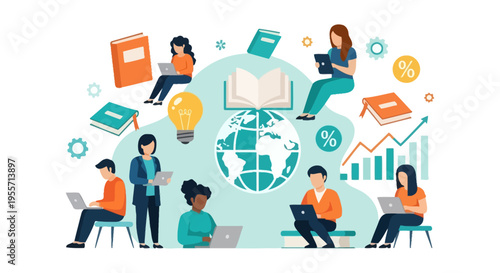 Global E-Learning and Knowledge Sharing Network. Diverse students and professionals collaborate online for success, idea generation, and business growth illustration.