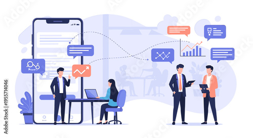 Business professionals analyzing data and communicating through digital platforms and mobile applications, illustrating modern workflow and analytics.
